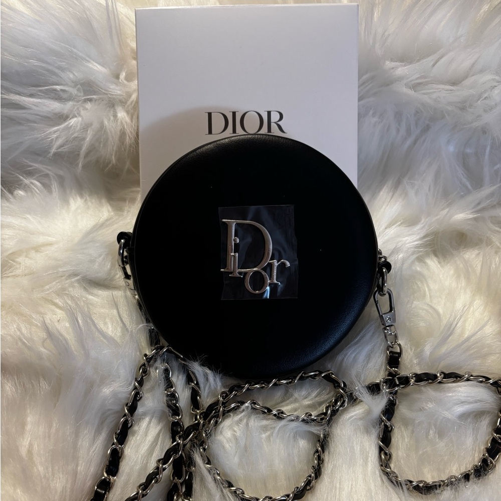 Dior Novelty Beauty Mini Round Vanity Pouch with Silver & Black Crossbody Chain
